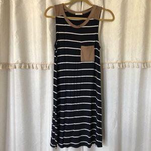 Navy striped t-shirt dress with suede detail!